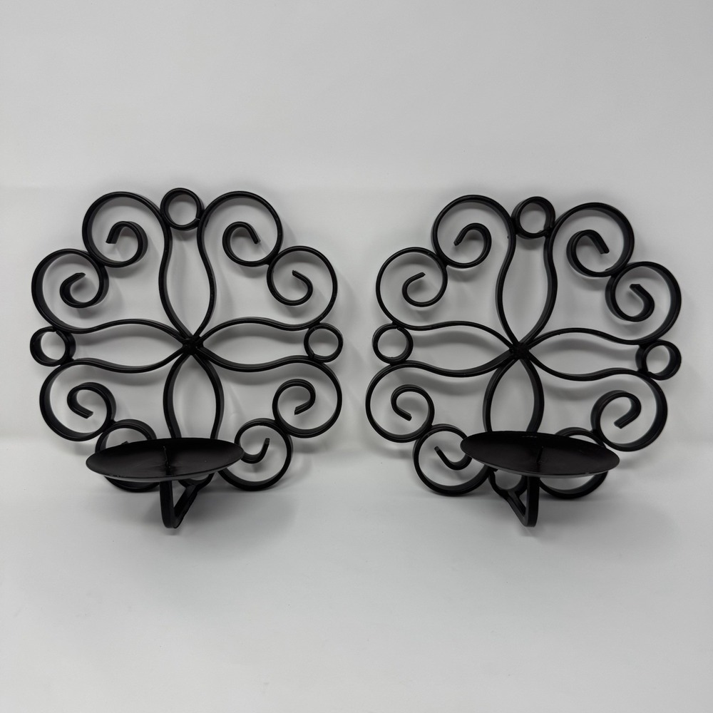 Pair of 2 Wrought Iron Scroll Wall Sconces Dark Brown Candle‎ Holder Rustic MCM